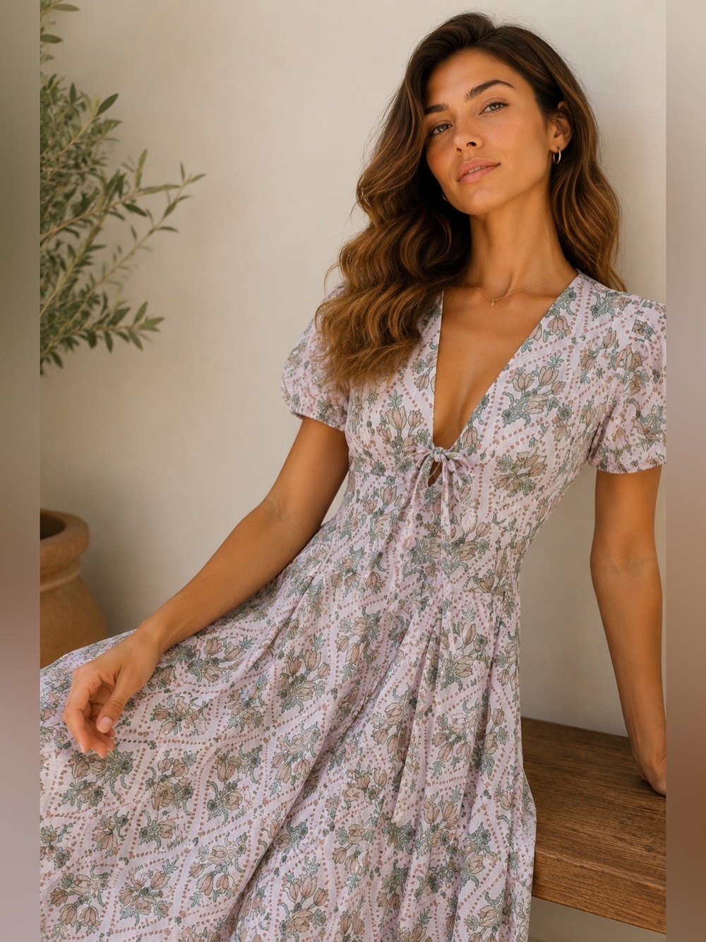 Avec Les Filles Size 2 Floral Maxi Dress Puff Sleeve Tie Front